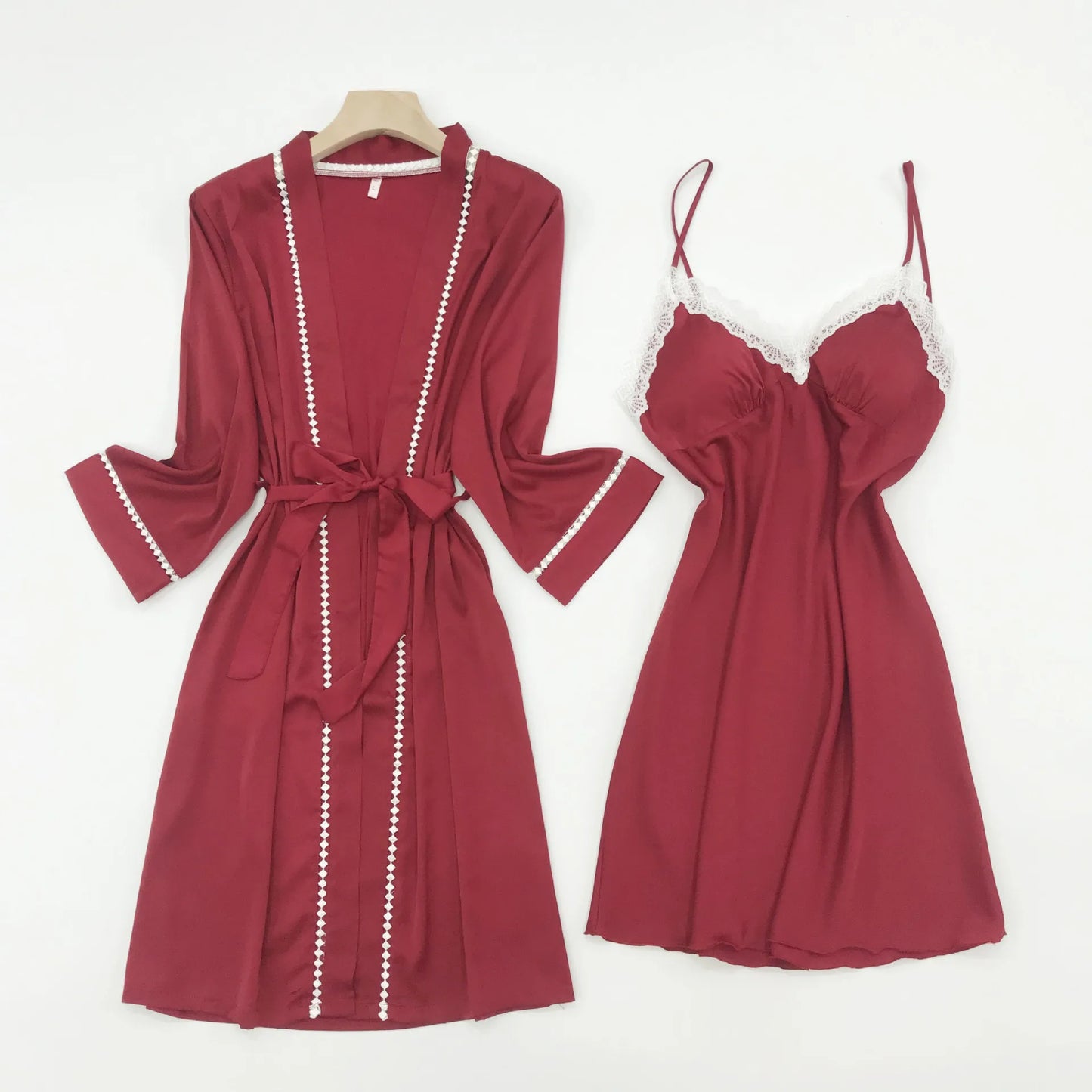 Spring Summer New Bathrobe Gown Sleepwear Sexy Lace Kimono Robe Set Orange Women Nightwear Intimate Lingerie Casual Homewear