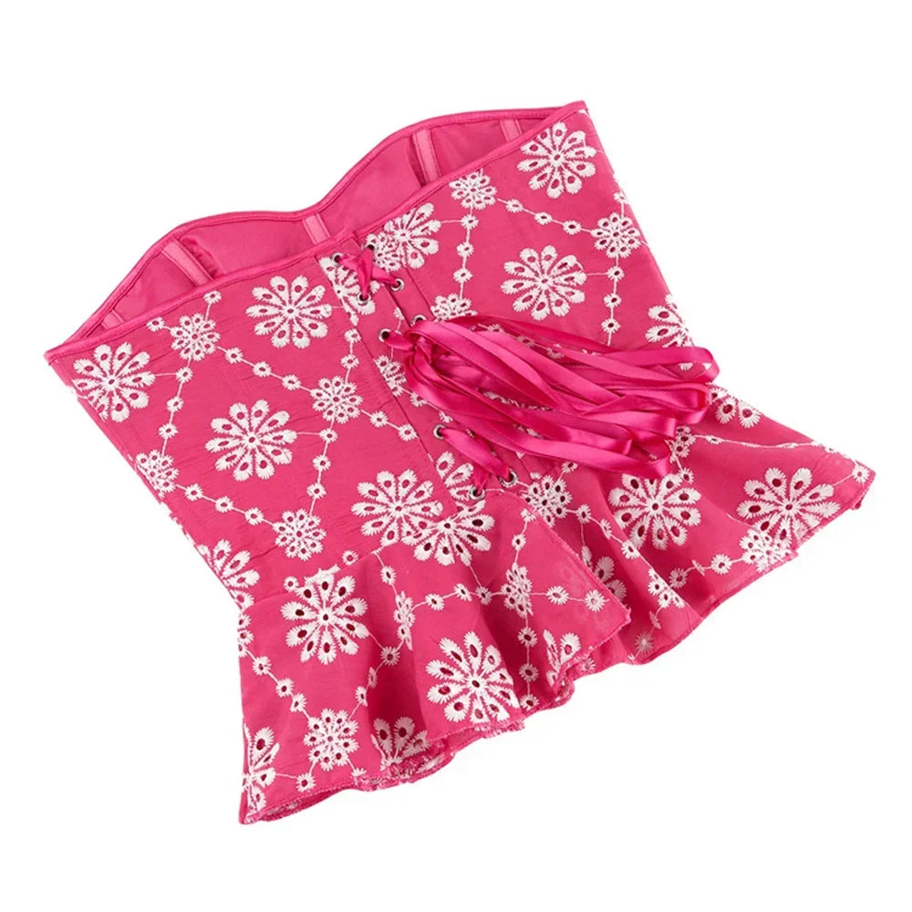 Sexy Rose Red With Satin Skirt Hem Decorated Retro Corset Tops Women Lingerie Body Shaper Overbust Bustiers