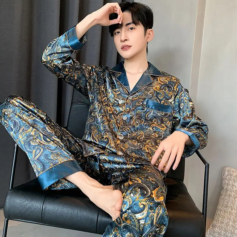 Spring and Autumn Men's Pajamas New Korean Version Long Sleeve Thin Ice Silk Summer Youth Home Wear Silk Set Large Size Comfort