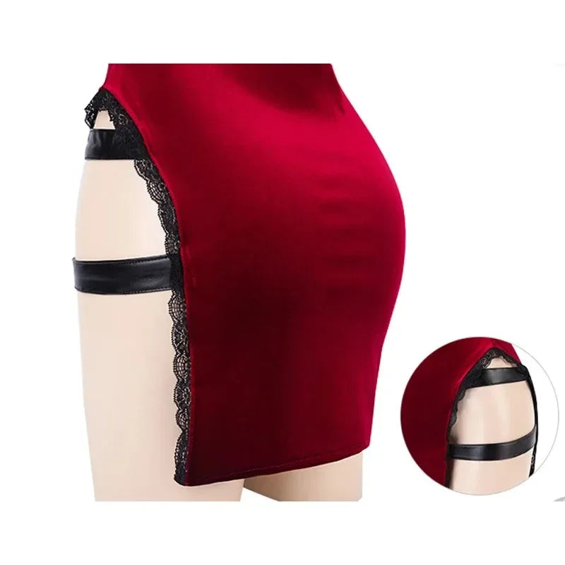 Sexy Lingerie Movie Heroine Secret Service Spy Dress Hollow out Cheongsam Uniform Halloween Women Red Outfits Cosplay Costume