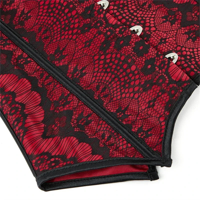 Women Sexy Deep Red Satin Lace Flower Decoration Overbust Corset Retro Body Shaper Lingerie Bustier Tops