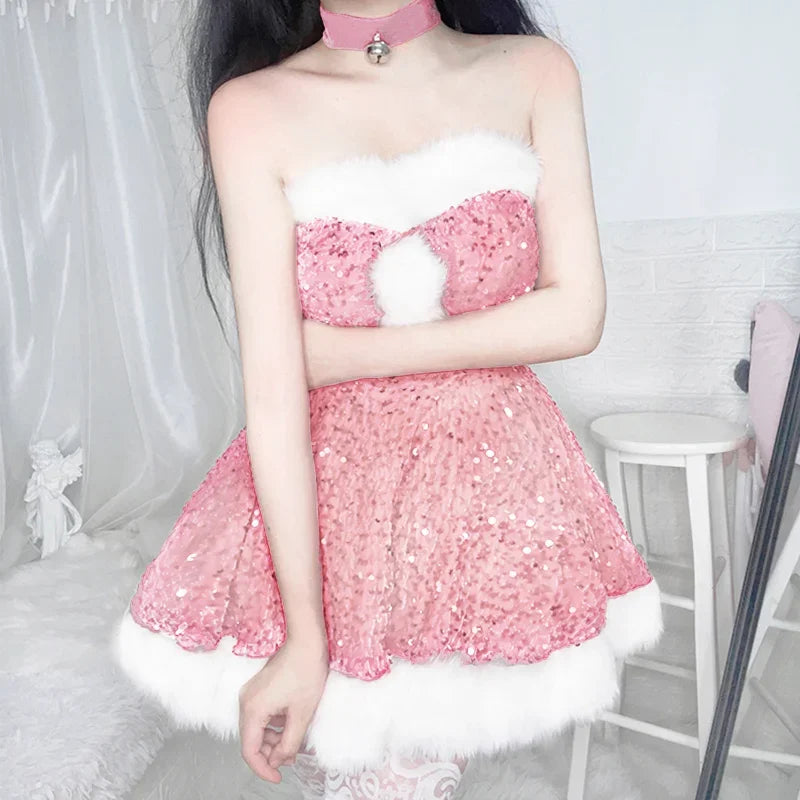 2024 Christmas Dress Sexy Pink Red Sequins Lingerie Dress Bunny Girl Off Shoulder Anime Santa Claus Princess Cosplay Costumes