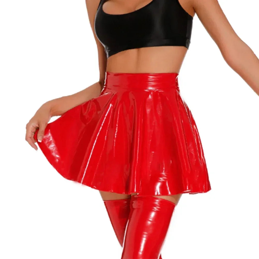 Women's Skirt Wet Look PVC Leather Pleated Skirt Sexy Bodycon Short Skirt for Dance Party Clubwear High Waist Club Lingerie Red