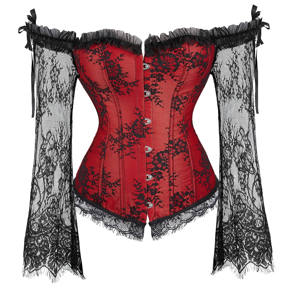 Women Long Sleeve Lace Overbust Corset Black Red Waist Bustiers Top Plus Size Korset Lingerie