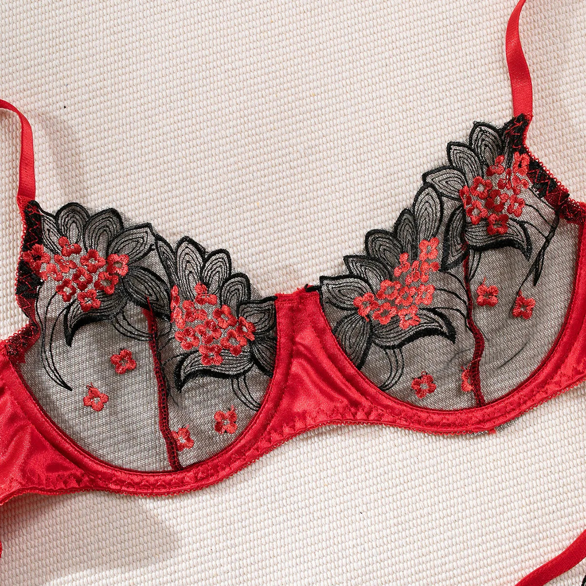 Sexy Red Floral Embroidered Exotic Apparel Suit Women's Perspective Soft Bra Panty Set Single Layer Ultra-Thin Intimates