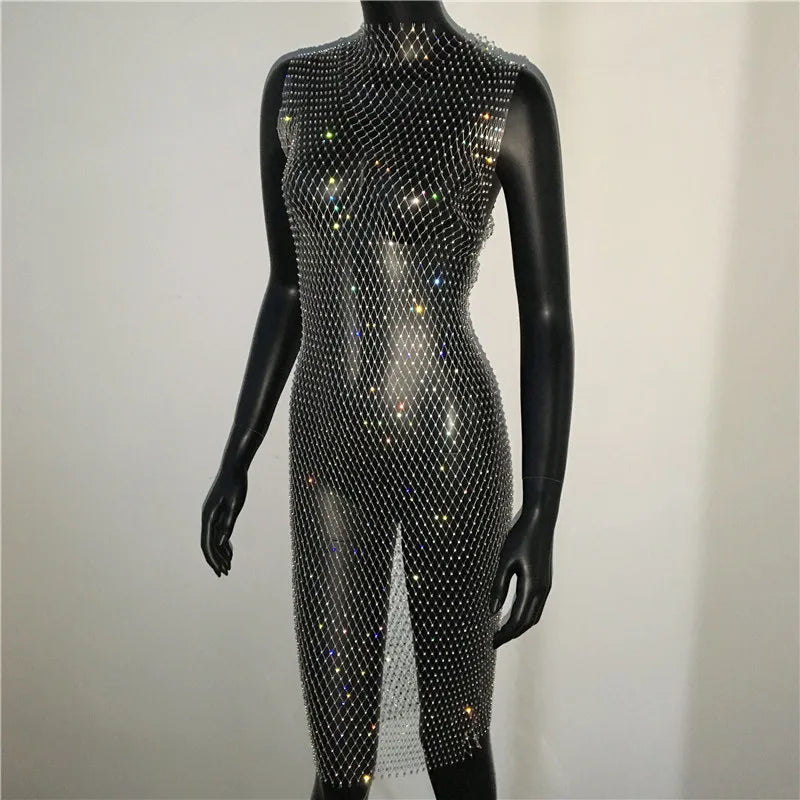Shiny Diamonds Mesh Hollow Out Dress Rhinestone Sleeveless Fishnet Bodycon Dress Women Rave Party Dress Nightclub Outwear