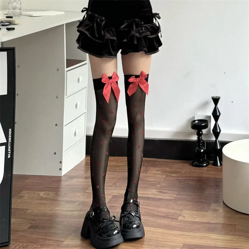 Heart Print Stockings Women Red Bow Knee High Socks Thigh High Stockings Sexy Lingerie Thigh High Socks Stocking Christmas Gifts