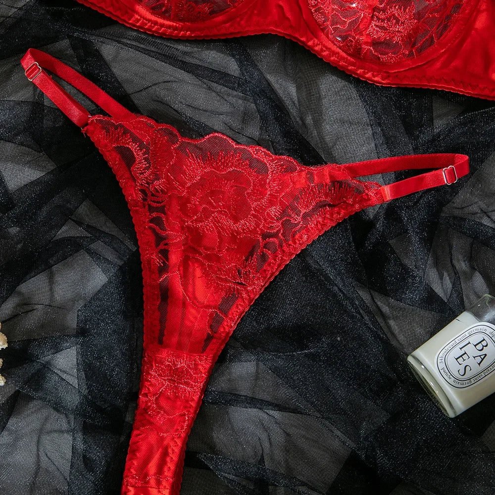 Embroidery Lingerie Set Women 2-Piece Bra + Panty Underwear Set Red Valentine's Day Intimates