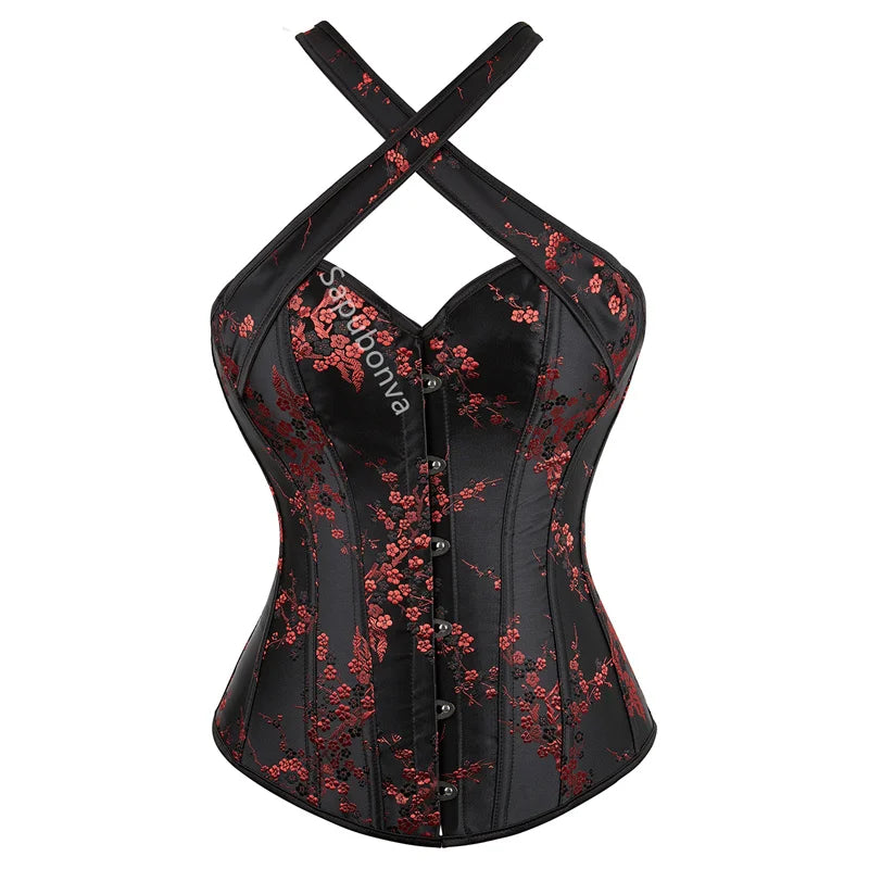Corset Top Bustier Strap Embroidery Flower Plus Size Overbust Corselet Burlesque Sexy Lingerie Women Red Black DropShipping