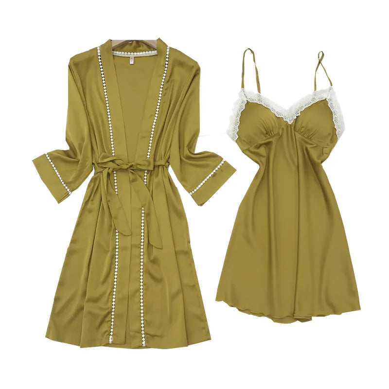 Spring Summer New Bathrobe Gown Sleepwear Sexy Lace Kimono Robe Set Orange Women Nightwear Intimate Lingerie Casual Homewear