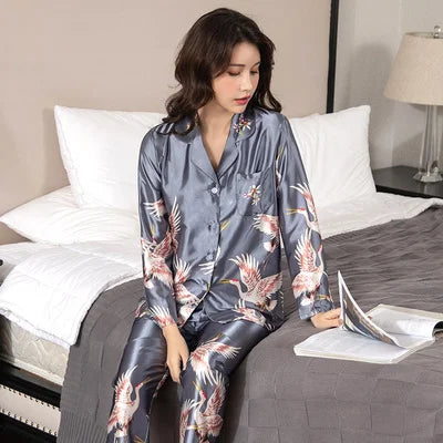 Lovers Ice Silk Men Pajamas 2pcs Fashion Summer Pajamas Set Casual Print Sleepwear Couples Home Clothes Long Sleeve Pyjamas