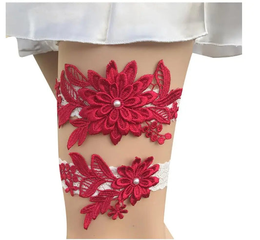 Women Wedding Red Garter Belt 2pcs Wedding Garter Navy Embroidery Floral Sexy  Lace Garters Women/Female/Bride Thigh Ring Bridal