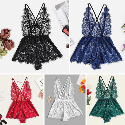 New Fashion 5 Colors Ladies One-Piece Pajamas Lace Lingerie Bodysuit V-Neck Backless Jumpsuit Pajamas Sexy Red Underwear 2021