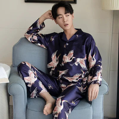 Lovers Ice Silk Men Pajamas 2pcs Fashion Summer Pajamas Set Casual Print Sleepwear Couples Home Clothes Long Sleeve Pyjamas