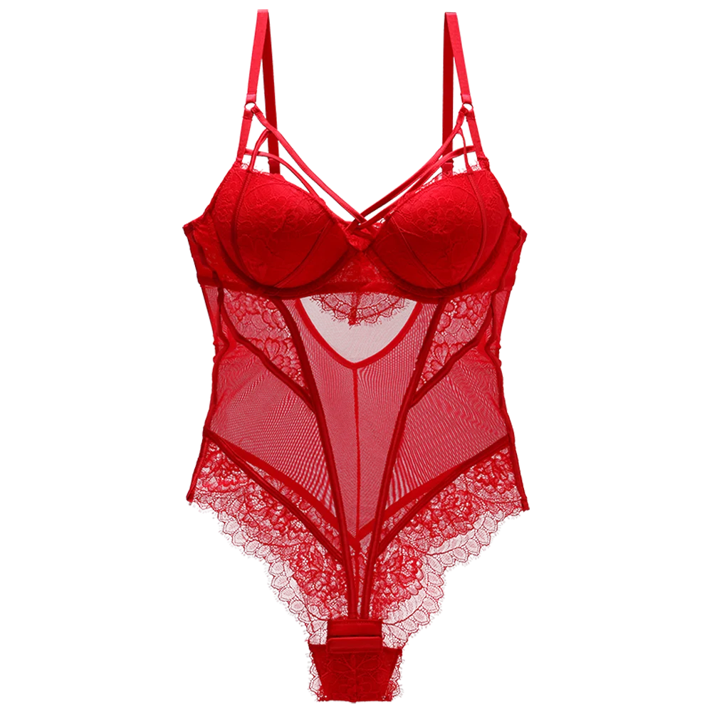 Bodysuit Women Push Up Red Strappy Cup Eyelash Lace Floral Pattern Padded Underwire Lingerie Women Shapewear High Quality