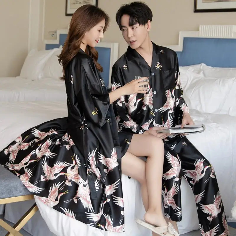 Lovers Ice Silk Men Pajamas 2pcs Fashion Summer Pajamas Set Casual Print Sleepwear Couples Home Clothes Long Sleeve Pyjamas