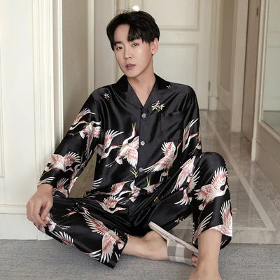 Lovers Ice Silk Men Pajamas 2pcs Fashion Summer Pajamas Set Casual Print Sleepwear Couples Home Clothes Long Sleeve Pyjamas