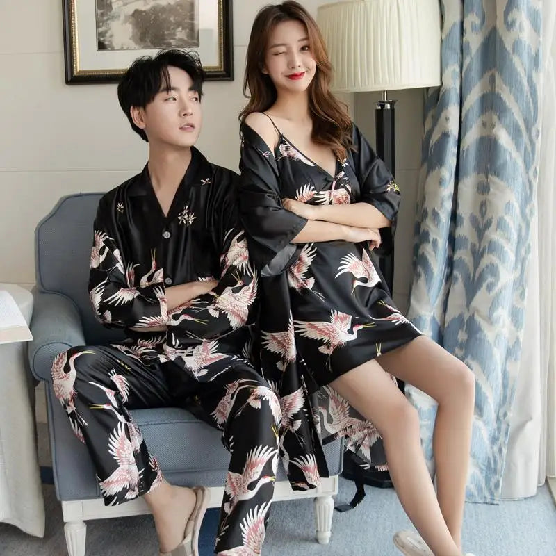 Lovers Ice Silk Men Pajamas 2pcs Fashion Summer Pajamas Set Casual Print Sleepwear Couples Home Clothes Long Sleeve Pyjamas