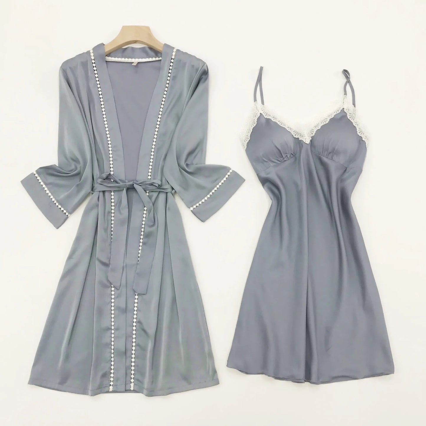 Spring Summer New Bathrobe Gown Sleepwear Sexy Lace Kimono Robe Set Orange Women Nightwear Intimate Lingerie Casual Homewear