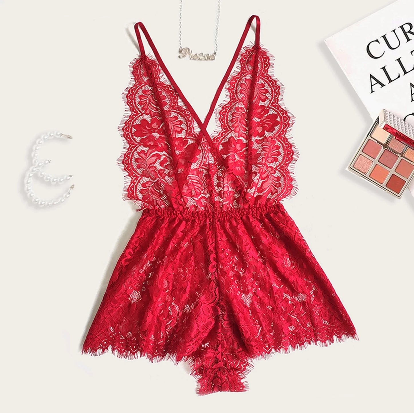 New Fashion 5 Colors Ladies One-Piece Pajamas Lace Lingerie Bodysuit V-Neck Backless Jumpsuit Pajamas Sexy Red Underwear 2021