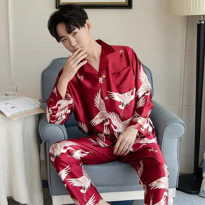 Lovers Ice Silk Men Pajamas 2pcs Fashion Summer Pajamas Set Casual Print Sleepwear Couples Home Clothes Long Sleeve Pyjamas
