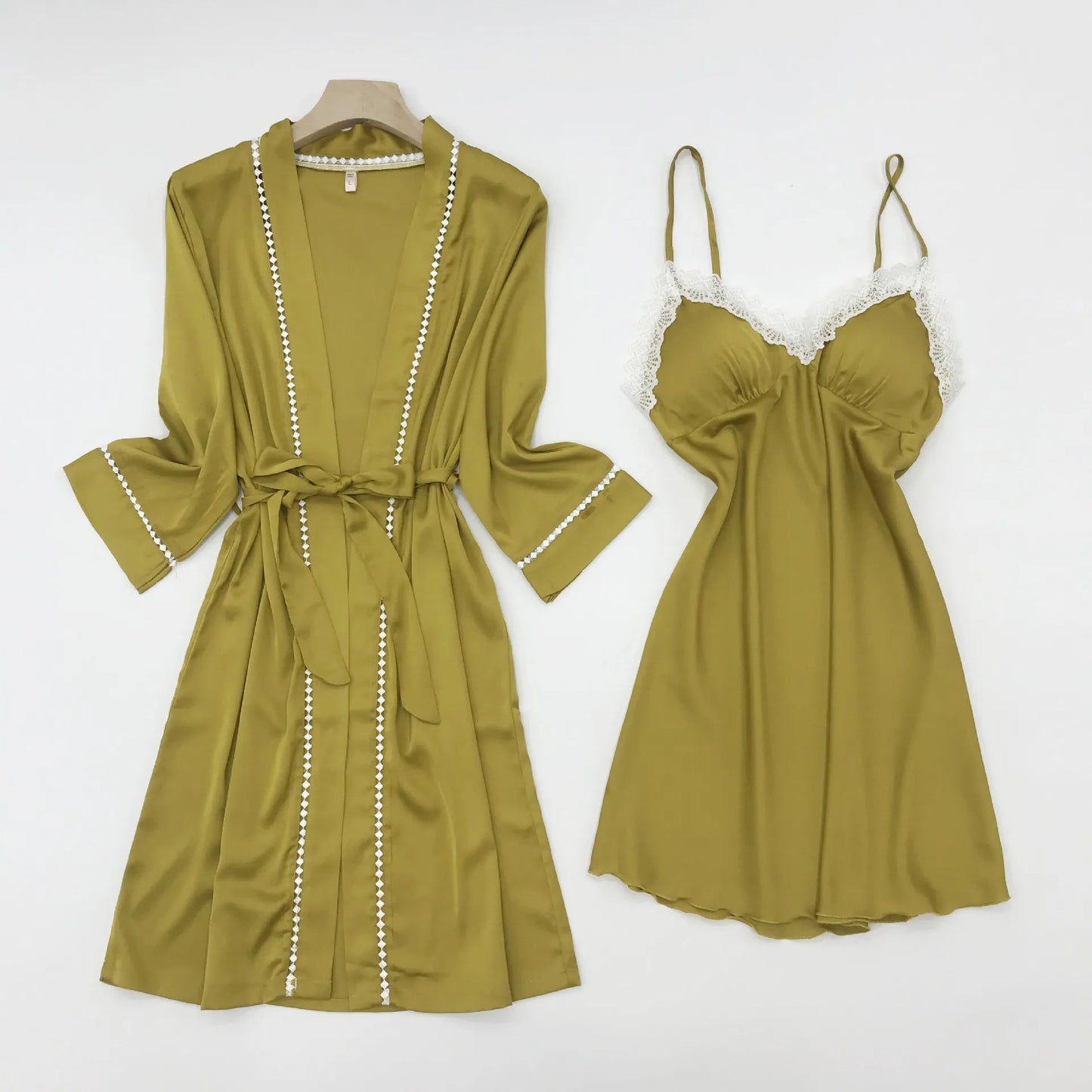 Spring Summer New Bathrobe Gown Sleepwear Sexy Lace Kimono Robe Set Orange Women Nightwear Intimate Lingerie Casual Homewear