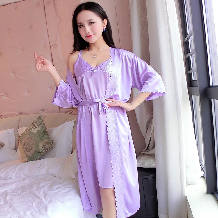 2pcs/Set Women Nightwear Ice Silk Satin Nightgowns for Women Nightdress Sexy Sleepwear Night Sleeping Dress Night Gown B-5393