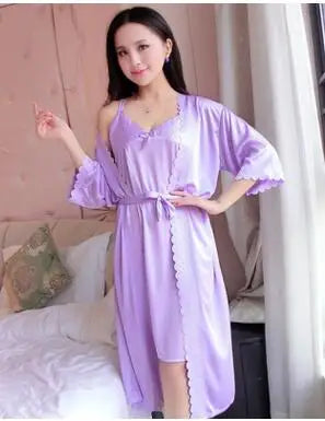 2pcs/Set Women Nightwear Ice Silk Satin Nightgowns for Women Nightdress Sexy Sleepwear Night Sleeping Dress Night Gown B-5393