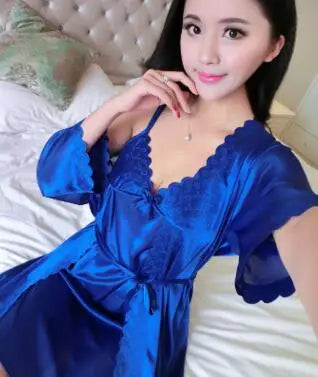 2pcs/Set Women Nightwear Ice Silk Satin Nightgowns for Women Nightdress Sexy Sleepwear Night Sleeping Dress Night Gown B-5393