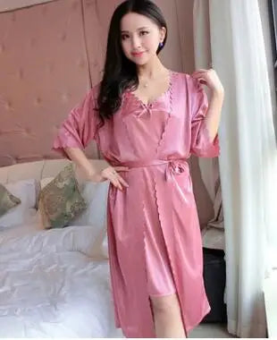 2pcs/Set Women Nightwear Ice Silk Satin Nightgowns for Women Nightdress Sexy Sleepwear Night Sleeping Dress Night Gown B-5393