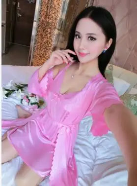 2pcs/Set Women Nightwear Ice Silk Satin Nightgowns for Women Nightdress Sexy Sleepwear Night Sleeping Dress Night Gown B-5393