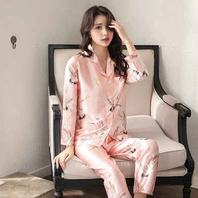 Lovers Ice Silk Men Pajamas 2pcs Fashion Summer Pajamas Set Casual Print Sleepwear Couples Home Clothes Long Sleeve Pyjamas