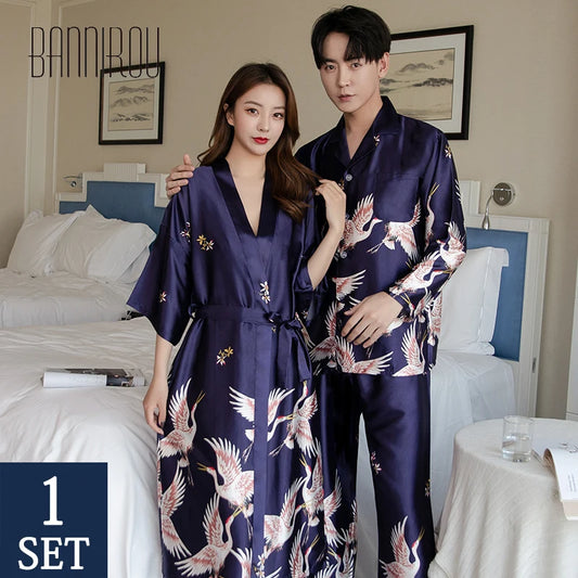 BANNIROU Women's Nightgown Couples Robes Sets Slik Satin Women's Robes Home Suits For Lover Man Woman Sleepshirt Women's pajamas