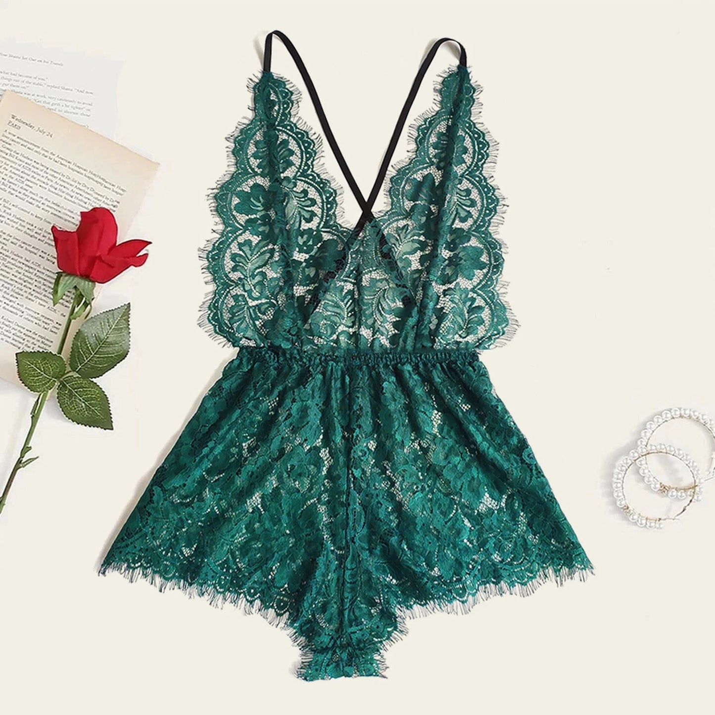 New Fashion 5 Colors Ladies One-Piece Pajamas Lace Lingerie Bodysuit V-Neck Backless Jumpsuit Pajamas Sexy Red Underwear 2021