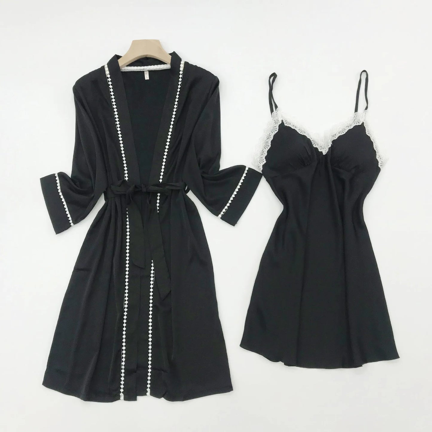 Spring Summer New Bathrobe Gown Sleepwear Sexy Lace Kimono Robe Set Orange Women Nightwear Intimate Lingerie Casual Homewear