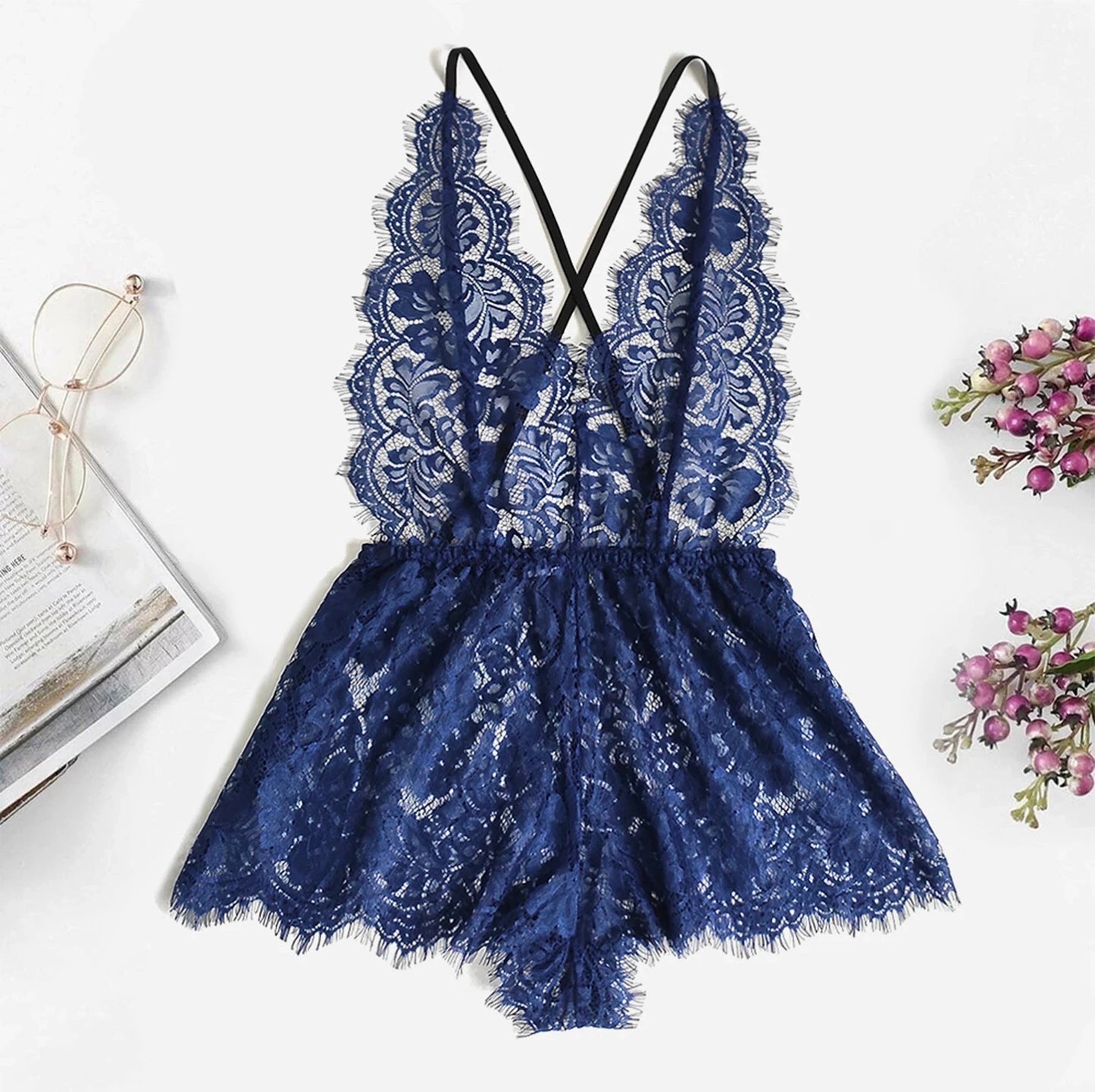 New Fashion 5 Colors Ladies One-Piece Pajamas Lace Lingerie Bodysuit V-Neck Backless Jumpsuit Pajamas Sexy Red Underwear 2021