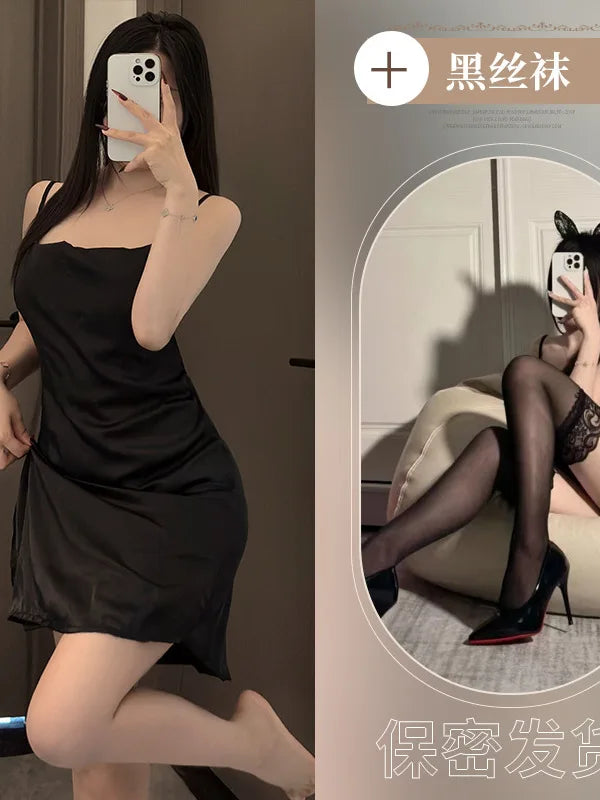 Tiktok sexy lingerie sexy suspender pyjamas silk slip pile collar pajamas dress elegant Solid color versatile Appear thin JGQ4