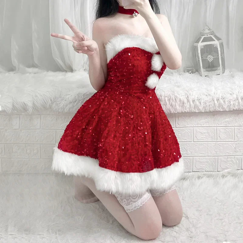 2024 Christmas Dress Sexy Pink Red Sequins Lingerie Dress Bunny Girl Off Shoulder Anime Santa Claus Princess Cosplay Costumes