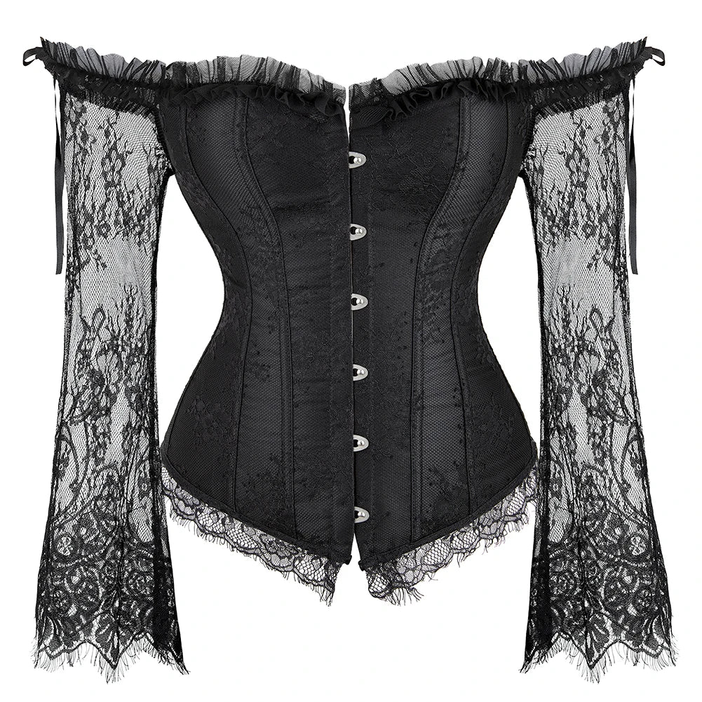 Women Long Sleeve Lace Overbust Corset Black Red Waist Bustiers Top Plus Size Korset Lingerie