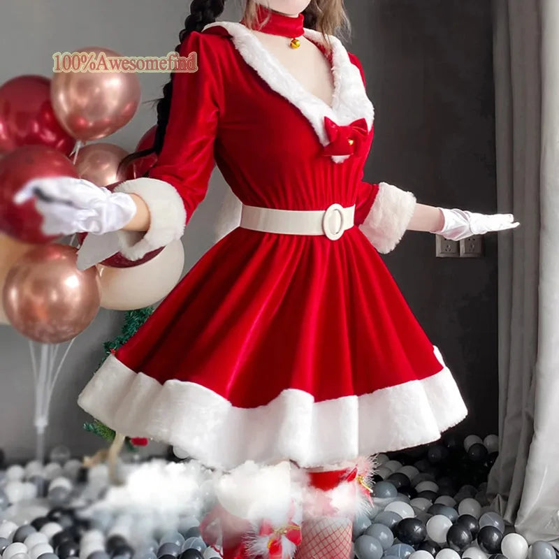 2024 Women Christmas Xmas Lady Santa Claus cosplay costume sexy lingerie winter long sleeve red dress maid bunny girl uniform