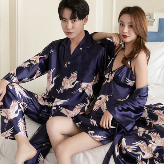 Couple Silk Satin Pajamas Pyjamas Set Long Sleeve Sleepwear Pijama Pajamas Suit Women And Man Sleep 2PC Set Loungewear Plus Size