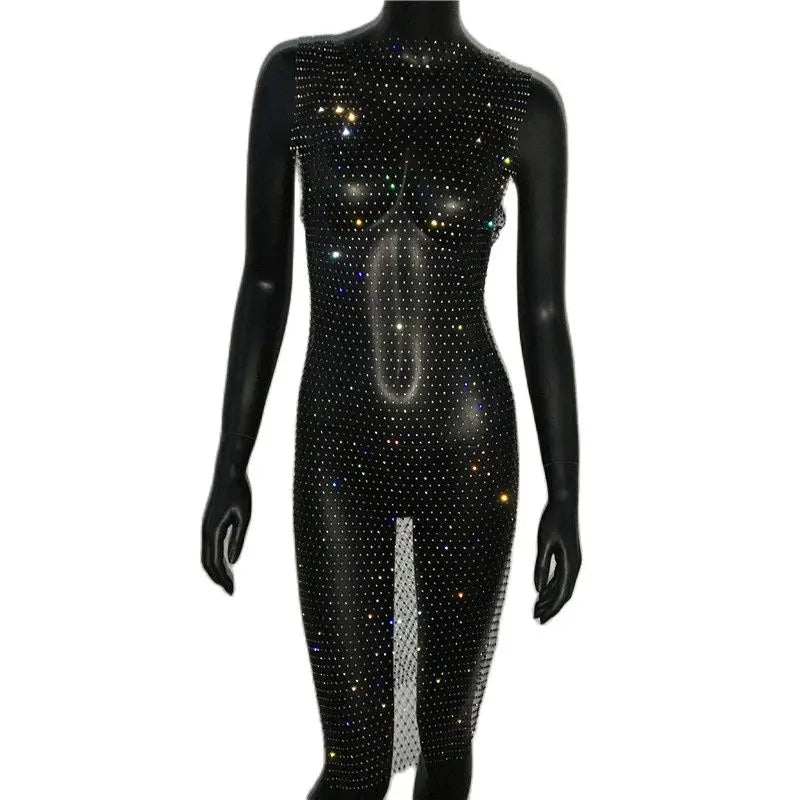 Shiny Diamonds Mesh Hollow Out Dress Rhinestone Sleeveless Fishnet Bodycon Dress Women Rave Party Dress Nightclub Outwear