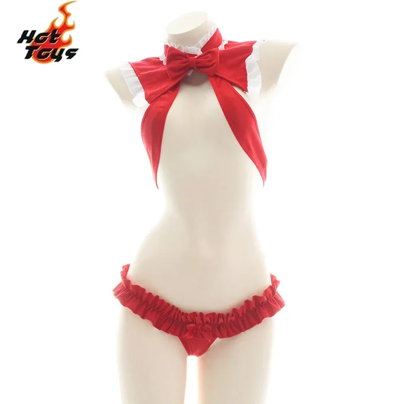 Sexy Red Santa Christmas Lingerie costume Cute hollow out bimini Bownot Underwear Pajamas Christmas Lingerie Cosplay Bra Set