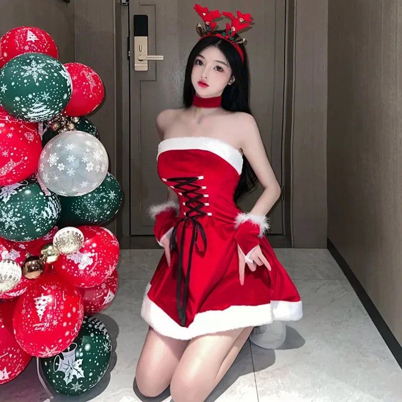 Christmas costumes Lolita maid red dress women soft velvet bunny lingerie Xmas red Santa Claus cosplay party outfits
