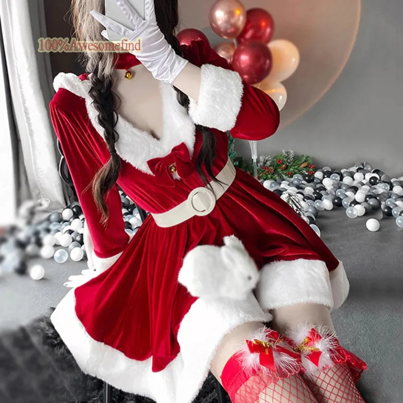 2024 Women Christmas Xmas Lady Santa Claus cosplay costume sexy lingerie winter long sleeve red dress maid bunny girl uniform