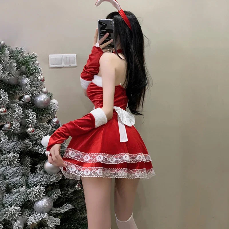 Christmas red woman dress sweet bunny girl costume rabbit woman set bunny suit sexy lingeries Lady cosplay New Year maid uniform