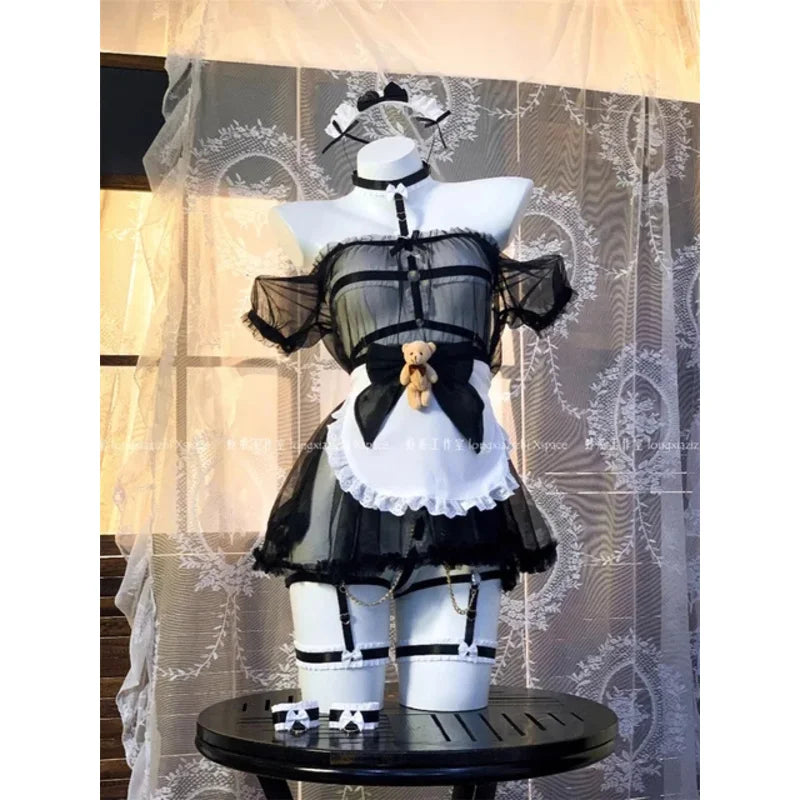 Strawberry maid cosplay costume women sexy red black lingerie pink maid dress babydoll sexy lingerie tie mesh dress