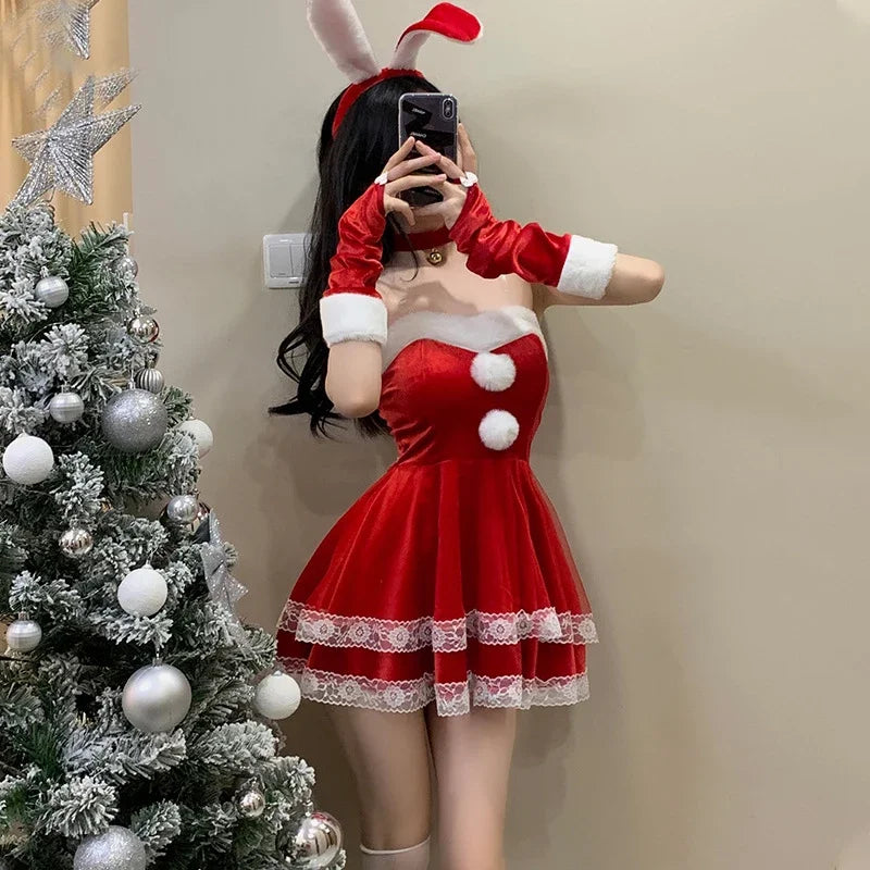 Christmas red woman dress sweet bunny girl costume rabbit woman set bunny suit sexy lingeries Lady cosplay New Year maid uniform