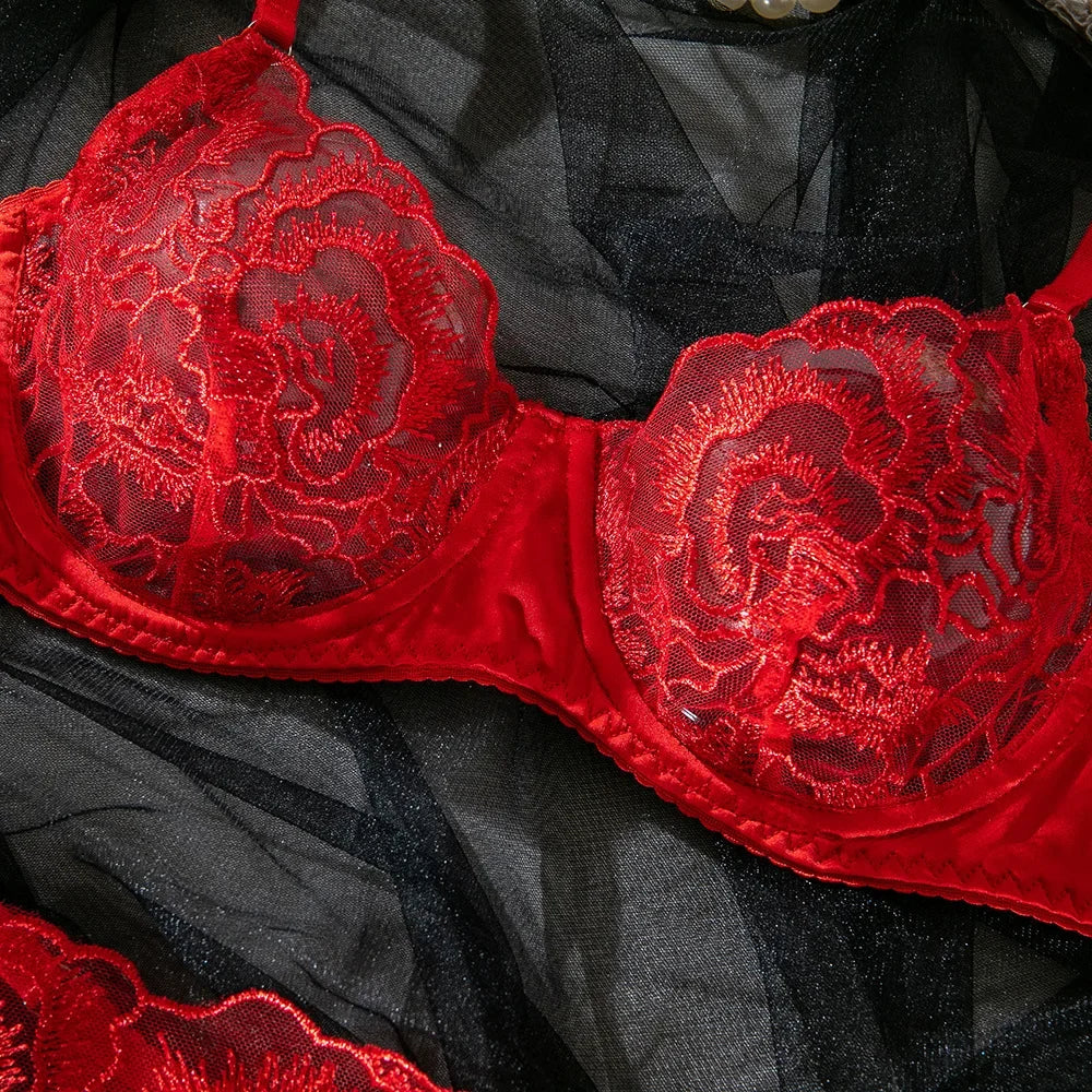 Embroidery Lingerie Set Women 2-Piece Bra + Panty Underwear Set Red Valentine's Day Intimates