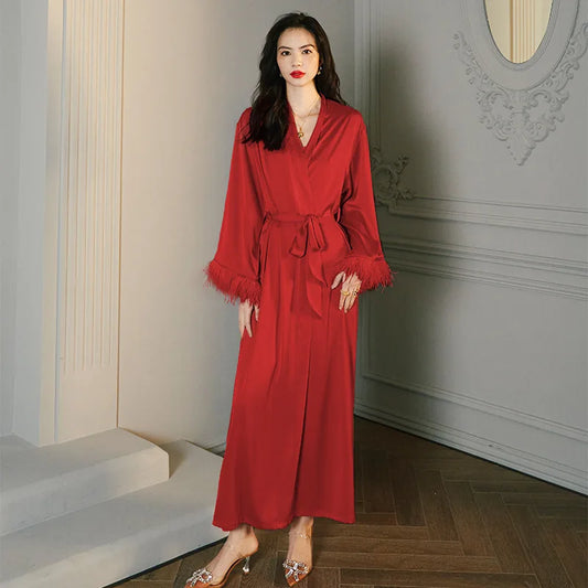 Women Long Nightgown red Bathrobe Gown Elegant Feather Sleeve Sleepwear Rayon Kimono Robe Set Loungewear Intimate Lingerie